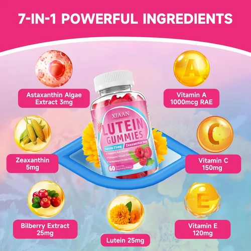 Miniatura 3 de Suplementos de luteína y zeaxantina, gomitas de luteína con zeaxantina, vitaminas A, C, E, arándano, astaxantina para la salud visual y fatiga