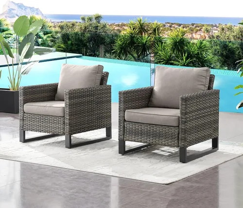 Miniatura 102 de HUMMUH Juego de 2 sillas giratorias para patio, mimbre de polietileno, para exteriores, bistró, porche, balcón, muebles con cojines Gris/gris