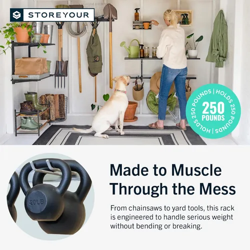 Miniatura 5 de StoreYourBoard Estante Montado en Pared con 4 Ganchos de Garaje – Soporte de Acero Resistente para Almacenamiento de Garaje y Jardín para Cobertizo