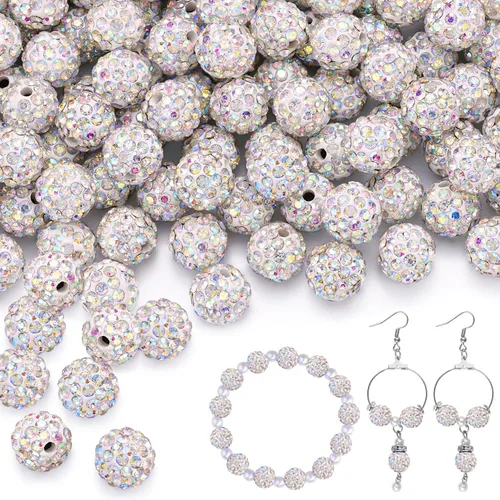 Miniatura 43 de 100 cuentas de diamantes de imitación de 0.394 pulgadas para la fabricación de joyas, 10 cuentas redondas brillantes de discoteca de Shamballa