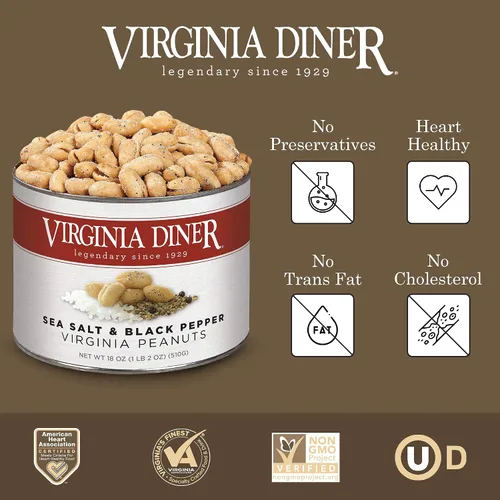 Miniatura 4 de Virginia Diner Cacahuetes de Virginia Sazonados con Sal Marina y Pimienta Tostados al Blister Completamente Naturales, Nueces Gourmet en Lata Salt &