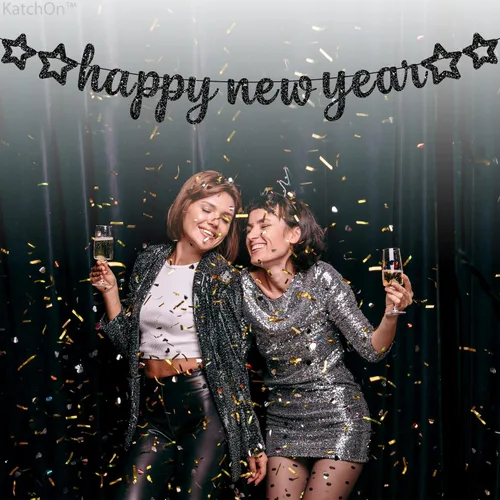 Miniatura 3 de KatchOn, Cartel de feliz año nuevo con purpurina negra – 10 pies, sin bricolaje Cartel negro de feliz año nuevo Suministros para fiesta de Año