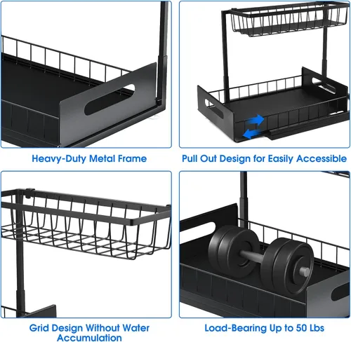 Miniatura 5 de Organizador para debajo del fregadero, estante de almacenamiento extraíble de 2 niveles, organizador de metal resistente al óxido para cocina, baño