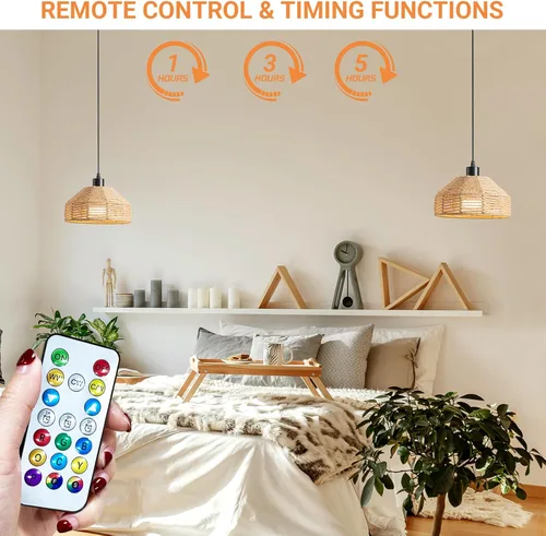 Miniatura 6 de Lámpara colgante a pilas con control remoto, lámpara colgante de batería, lámpara tejida de ratán sin necesidad de cableado, bombilla recargable