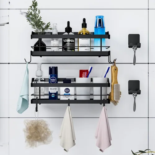 Miniatura 3 de Estante de baño para ducha, paquete de 2, cesta con 8 ganchos para colgar champú acondicionador, estante de acero inoxidable, organizador