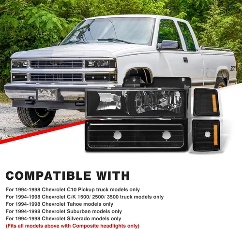 Miniatura 8 de Conjunto de faros delanteros para 1994-1998 Chevy Silverado/Suburban/Tahoe / C10 Pickup/C/K 1500 2500 3500 Camioneta, carcasa negra con reflector