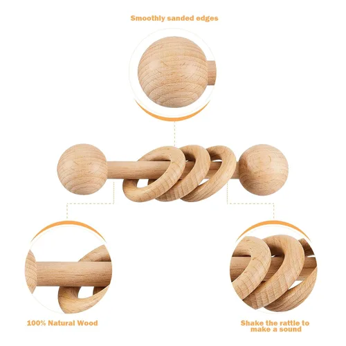 Miniatura 2 de Sonajero de madera para bebé, juguete de sonajero de madera para recién nacido, juguete Montessori de madera natural para bebé, juguete de regalo