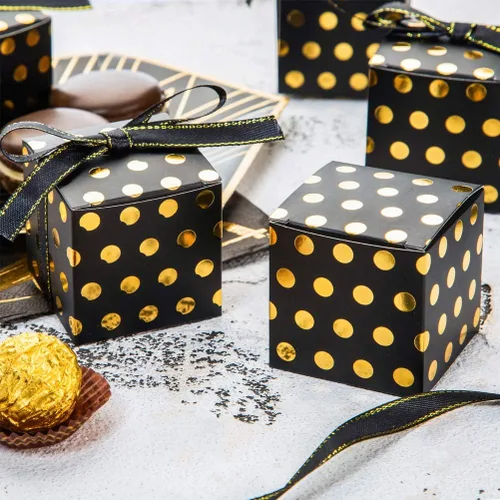 Miniatura 2 de AWELL Caja de dulces de regalo negra con puntos dorados a granel de 2 x 2 x 2 pulgadas con cinta para recuerdos de fiesta, puntos dorados, paquete
