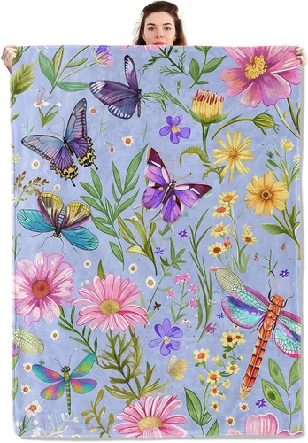 Miniatura 7 de Manta ligera de pájaros y mariposas, regalos para amantes de la naturaleza, manta de franela con rosa colorida y hortensias impresas para sofá