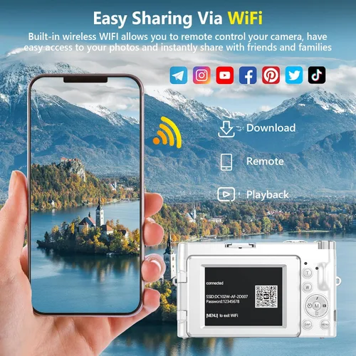 Miniatura 4 de Cámara digital 4K para enfoque automático de fotografía, cámara de vlogging WiFi de 64MP para YouTube con 2 baterías, tarjeta SD, pantalla abatible