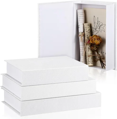 Miniatura 20 de Tioncy Caja de libros falsos de lino neutro, 3 piezas, decoración de imitación para decoración del hogar, estantes, mesa, tarjetas, fotos, regalo