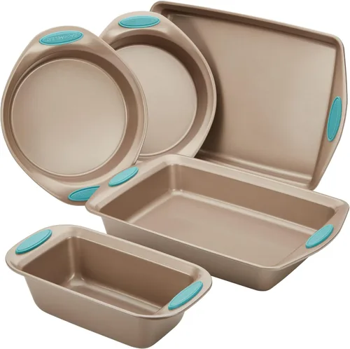 Recipientes para horno Rachael Ray, set de 5 piezas antiadherentes, Azul agave Latte Brown con Puños Azul Agave