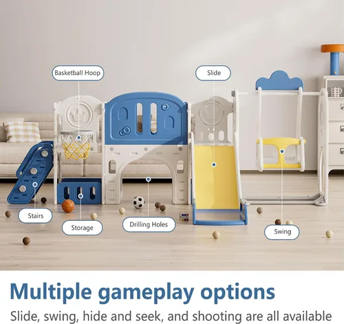 Miniatura 2 de Juego para exteriores 11 en 1 con tobogán y columpio, parque infantil interior para niños, con aro de baloncesto, pasillo extralargo, tobogán