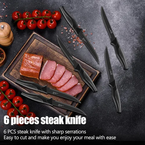 Miniatura 5 de HaWare Juego de cuchillos de cocina de acero inoxidable de 21 piezas, juego de cuchillos de chef negros con 6 Kinves para carne, cuchara medidora