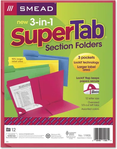 Smead Carpeta de sección SuperTab 3 en 1, pestaña de gran tamaño de corte 1/3, tamaño carta, colores surtidos, 12 unidades (11905)