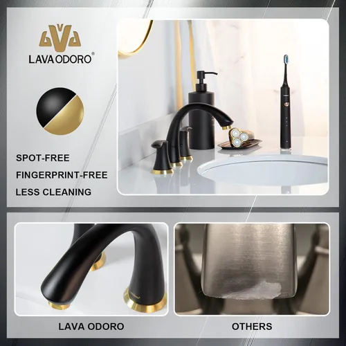 Miniatura 5 de Grifo de Baño Negro y Dorado de 3 Orificios, Lava Odoro Grifo de Baño Extendido de 8 Pulgadas con 2 Manijas, Grifo de Lavabo de Baño, Grifo de Oro