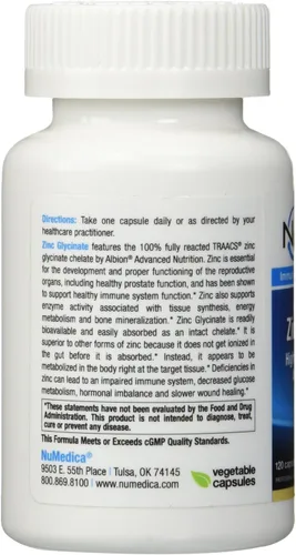 Miniatura 2 de NuMedica - Glicinato de zinc 20mg - 120 cápulas vegetales