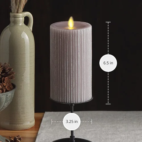 Miniatura 6 de Luminara Pilar metálico en relieve, vela LED gris sin llama de 3.25 x 6.5 pulgadas, tecnología de llama real a pilas con función de temporizador