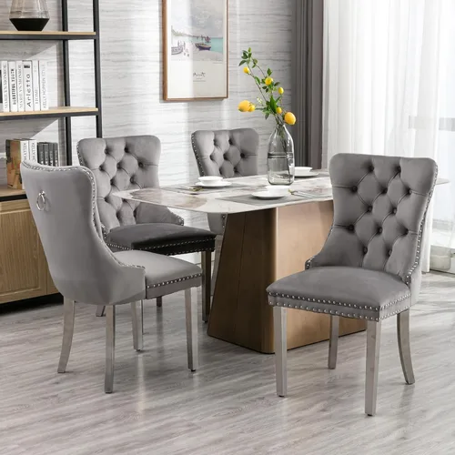 Miniatura 2 de ODUSE-DAILY - Juego de 4 sillas de comedor de terciopelo gris para cocina y comedor, con respaldo alto acolchado, tapizadas en tela, patas de metal