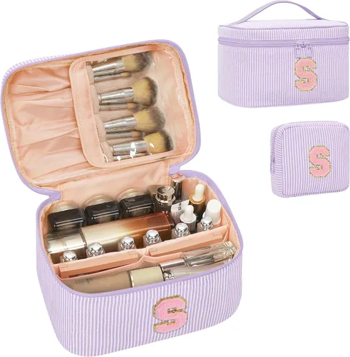 Miniatura 44 de Juego de bolsas de maquillaje con iniciales para niñas y mujeres, bolsa de cosméticos con monograma con soporte para cepillos, estuche de maquillaje