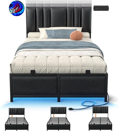 Miniatura 10 de Besiost Base de cama de tamaño individual con cabecera ajustable de 3 alturas, cama de plataforma tapizada de cuero con luz LED y estación de carga