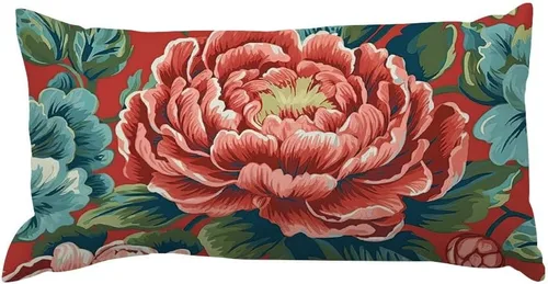 Miniatura 15 de Chinoiserie Throw Pillow Case Red Peony Floral Lumbar Pillowcases Asian Style Decorative Pillow Home Cotton Linen 12x18 Rustic Cushion Cover for