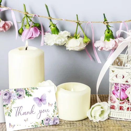 Miniatura 6 de Whaline 24 tarjetas de agradecimiento de mariposa floral, tarjetas de felicitación de flores moradas con etiqueta sobre de acuarela de primavera
