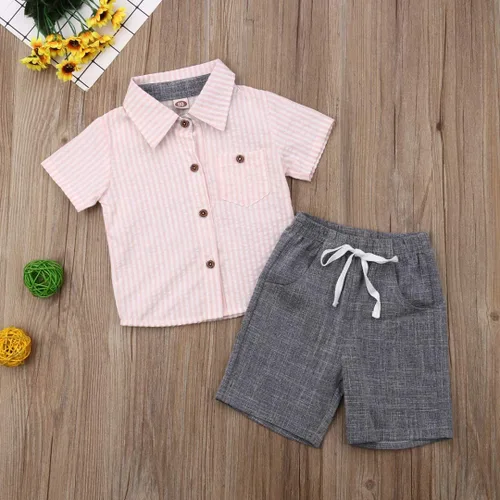 Miniatura 34 de Conjunto de camisa de manga corta con botones y pantalones cortos casuales con diseño de flamingo, para bebés y niños de 1 a 6 años, atuendos