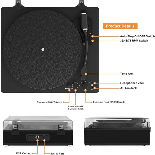 Miniatura 8 de Reproductor de discos de vinilo con transmisor inalámbrico de entrada/salida Bluetooth, placa de tamaño completo, tocadiscos de 3 velocidades