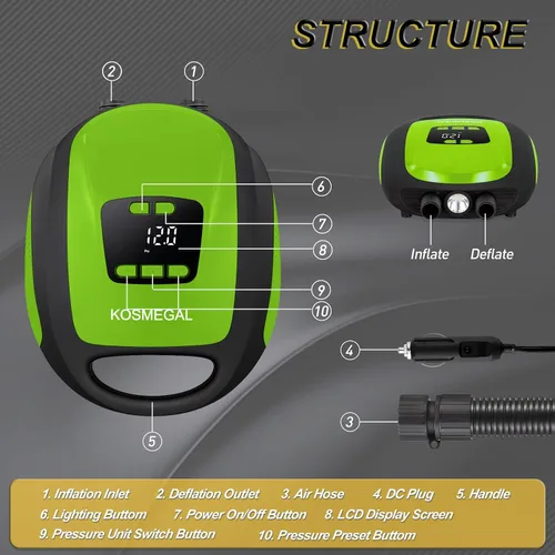Miniatura 3 de Bomba eléctrica portátil para tabla de remo kosmegal, bomba SUP para tabla de remo, compresor de aire de 20 PSI con apagado automático, función