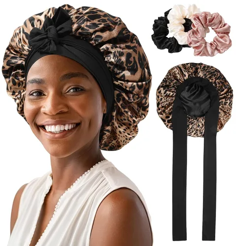Miniatura 19 de Gorro de satén para mujer, con banda de amarre para el cabello, para dormir, grande de 2 capas, gorro de dormir de seda para dormir con 3 coleteros