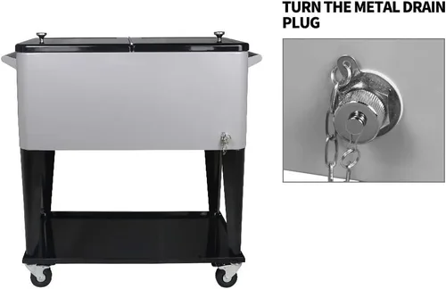 Miniatura 4 de Portable Rolling Cooler Cart 80 Quart Ice Chest Cart Trolley Rolling Cooler with Wheels, Outdoor Beverage Ice Chest for Patio with Shelf, Water Pipe