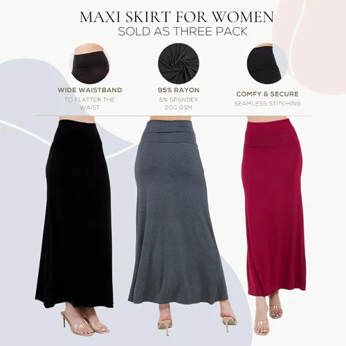 Miniatura 5 de Azules 3 Pack Women’s Maxi Skirt – Soft Stretchy Rayon Fold Over High Waist Long Flowy Boho Skirt for Casual or Dressy Wear