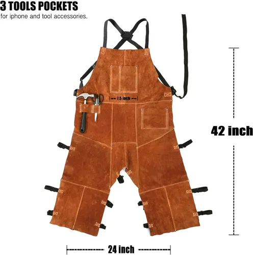 Miniatura 3 de QeeLink Chaqueta de trabajo de soldadura de cuero con delantal de pierna dividida, resistente al fuego, resistente al fuego, chaquetas de soldador