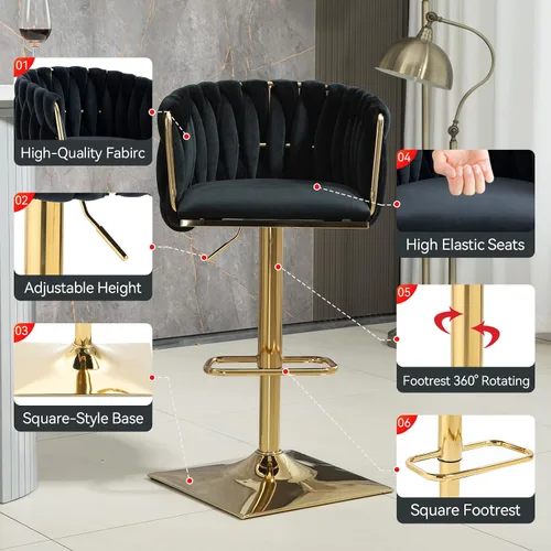 Miniatura 3 de NIOIIKIT Juego de 2 taburetes de bar tapizados de terciopelo, silla de altura de mostrador con respaldo tejido a mano, taburete de comedor