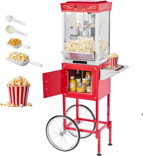 VEVOR Máquina de palomitas de maíz con carro, hervidor de acero inoxidable de 8 onzas, máquina comercial de palomitas de maíz de 800 W, 48 tazas por