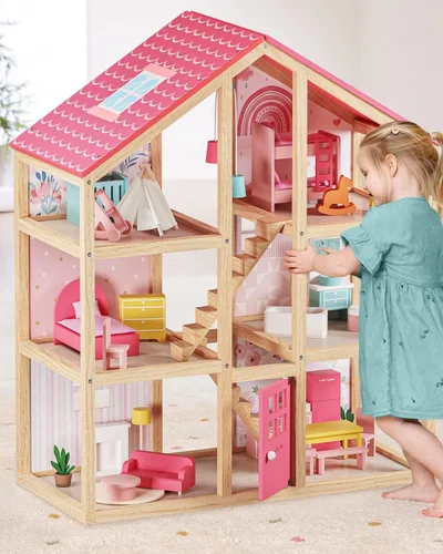 Miniatura 10 de Tiny Land Casa de muñecas de madera para niñas, casa de muñecas de madera de 6 habitaciones, casa de muñecas de bricolaje con 31 accesorios de Rosa