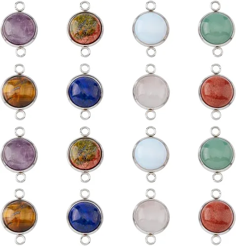 DICOSMETIC Conectores de piedras preciosas de 8 colores, conectores de enlace de piedras preciosas redondas planas, encantos de eslabones de piedra