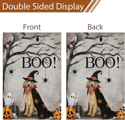 Miniatura 6 de Heyfibro Bandera de jardín de perro Golden Retriever de Halloween de 12 x 18 pulgadas, arpillera de doble cara, fantasma, rústico, decoración