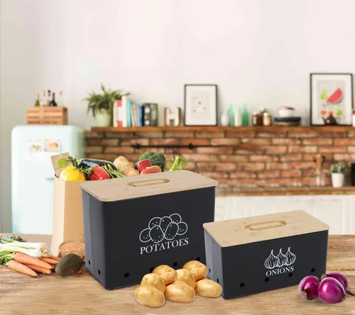 Miniatura 6 de Juego de 2 contenedores de almacenamiento de papas y cebollas, almacenamiento de verduras de metal ventilado con tapas de madera, recipientes