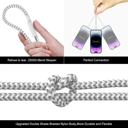 Miniatura 5 de Paquete de 3 cargadores de iPhone de 3 pies [certificado Apple MFi] Cable de carga rápida de nailon trenzado para iPhone 14 13 12 11 Pro Max XR XS X