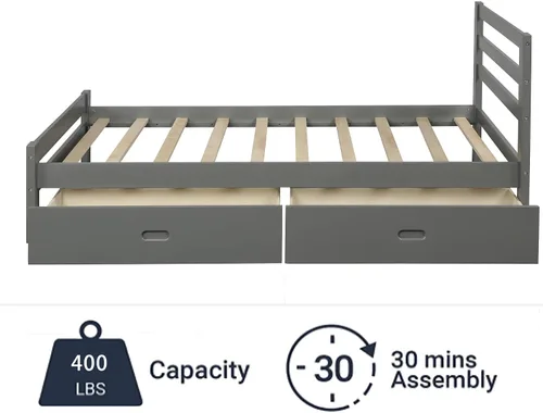 Miniatura 6 de Cama de plataforma de madera de tamaño individual con 2 cajones, marco de cama de plataforma moderna con cajón de almacenamiento, muebles
