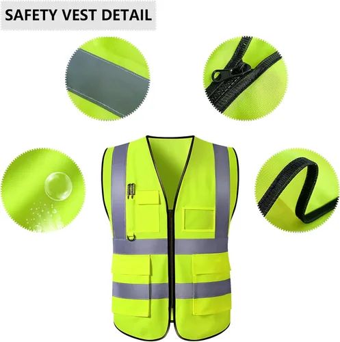 Miniatura 4 de Chaleco de seguridad personalizado Chalecos reflectantes de alta visibilidad con bolsillos con cremallera, logotipo personalizado clase 2 para Azul