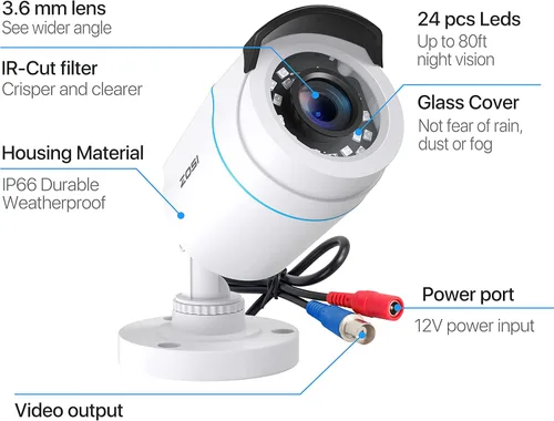 Miniatura 3 de ZOSI Paquete de 4 cámaras de seguridad para el hogar HD-TVI de 2MP 1080p HD-TVI 1920 TVL, 24 LED, visión nocturna de 80 pies, ángulo de visión