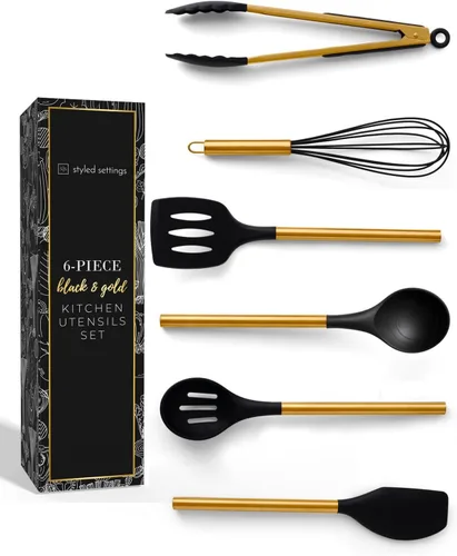 Juego de utensilios de cocina negro y dorado - Juego de 6 piezas de utensilios de silicona incluye pinzas, batidor, cuchara para servir, espátula y