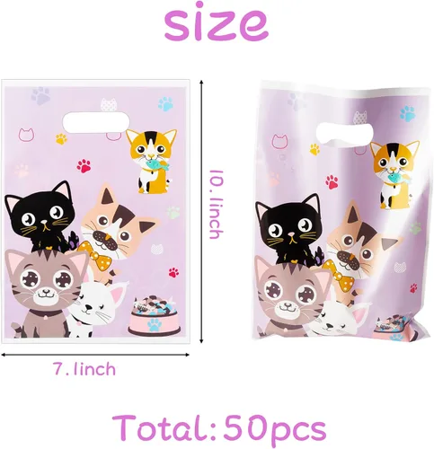 Miniatura 2 de 3sscha 50 bolsas de regalo de fiesta de gato, con temática de gatito, morada, impermeable, bolsa de galletas con asas troqueladas, animales y patas