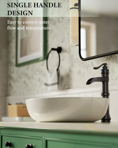 Miniatura 4 de Homevacious Grifo de baño negro para lavabo, cascada mate, cuenco antiguo de un solo orificio con tapón de drenaje emergente, línea de suministro
