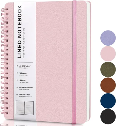 Miniatura 11 de Cuaderno de diario con líneas en espiral, cuaderno A5 de cuero de tapa dura para el trabajo, 5.7''×8.2'', papel grueso de 100GSM encuadernado