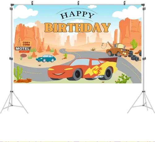 Miniatura 2 de Ticuenicoa Telón de fondo de cumpleaños de auto de carreras de 5 x 3 pies, decoración de fiesta de cactus del desierto de dibujos animados