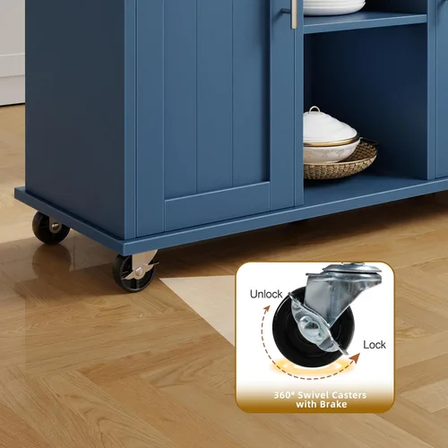 Miniatura 4 de SUNLEI Carrito de isla de cocina rodante con ruedas, mesa de isla para cocina, carrito de cocina de granja con hojas colgantes y toallero y cajón